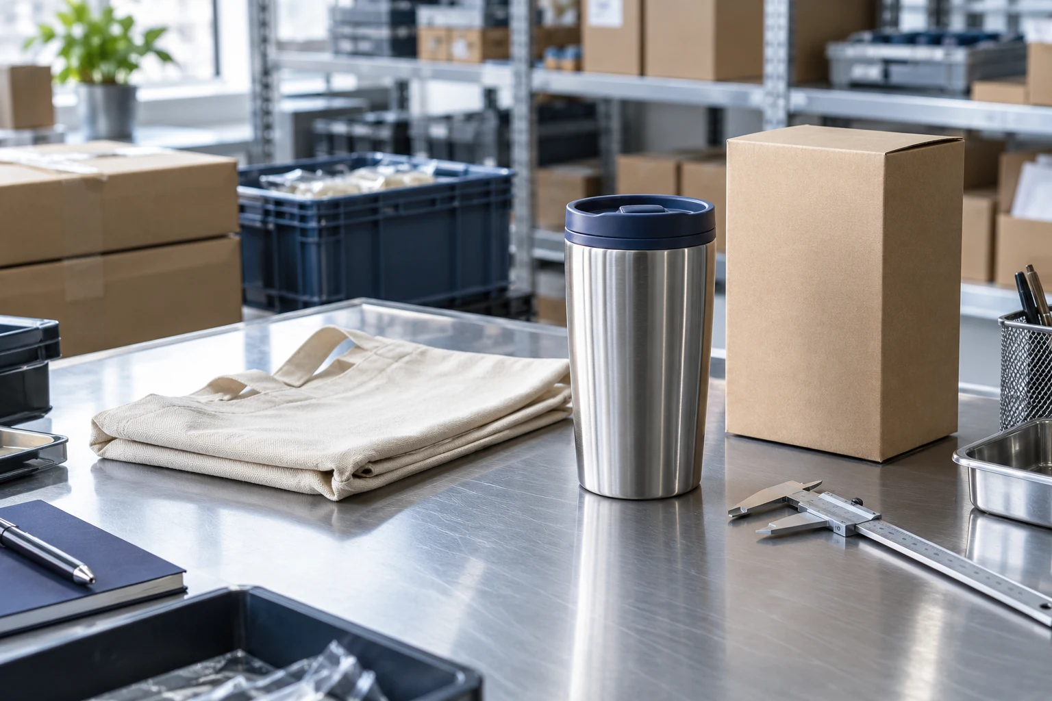Illustrative sourcing workbench with a steel tumbler, packaging box and sample tools