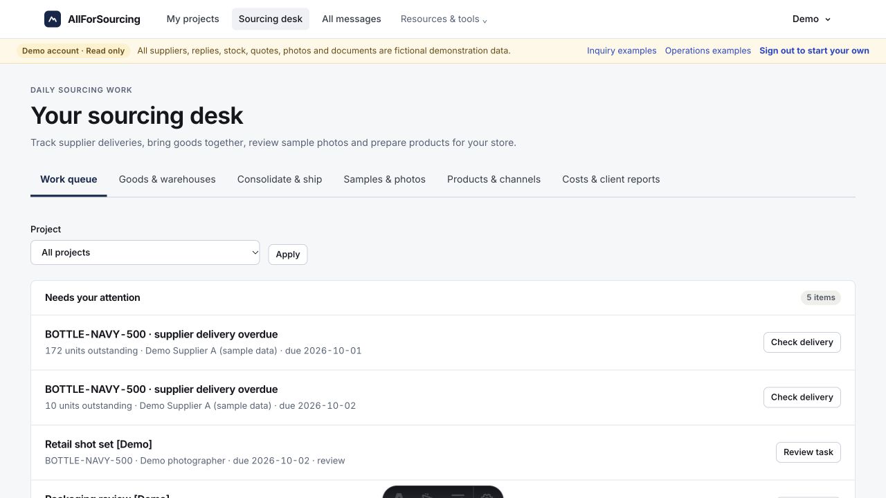 Actual AllForSourcing demo sourcing desk showing supplier follow-ups and available warehouse stock